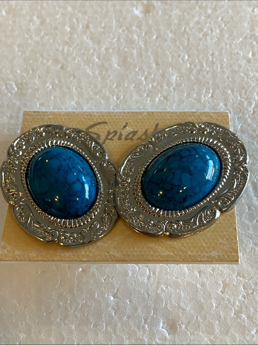 Splash Faux Turquoise Blue Stone Silver-Tone Clip Earrings large